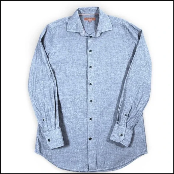 Tallia Men M Chambray Button Down Shirt Blue Subtle Gold Metallic 15.5 34/35 Mod - Picture 2 of 14